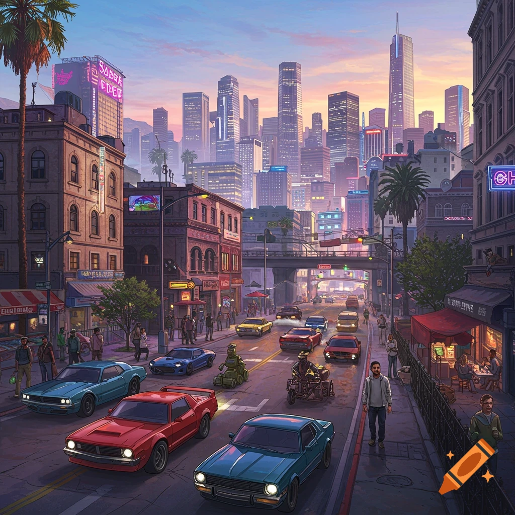 A busy city street filled with cars and pedestrians as the sun sets.
