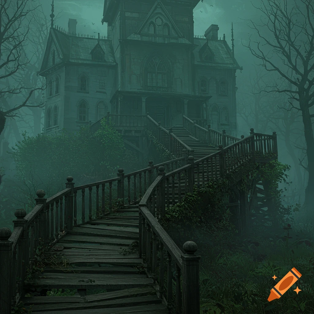 A spooky haunted house with a long, dilapidated wooden staircase leading up through misty woods.