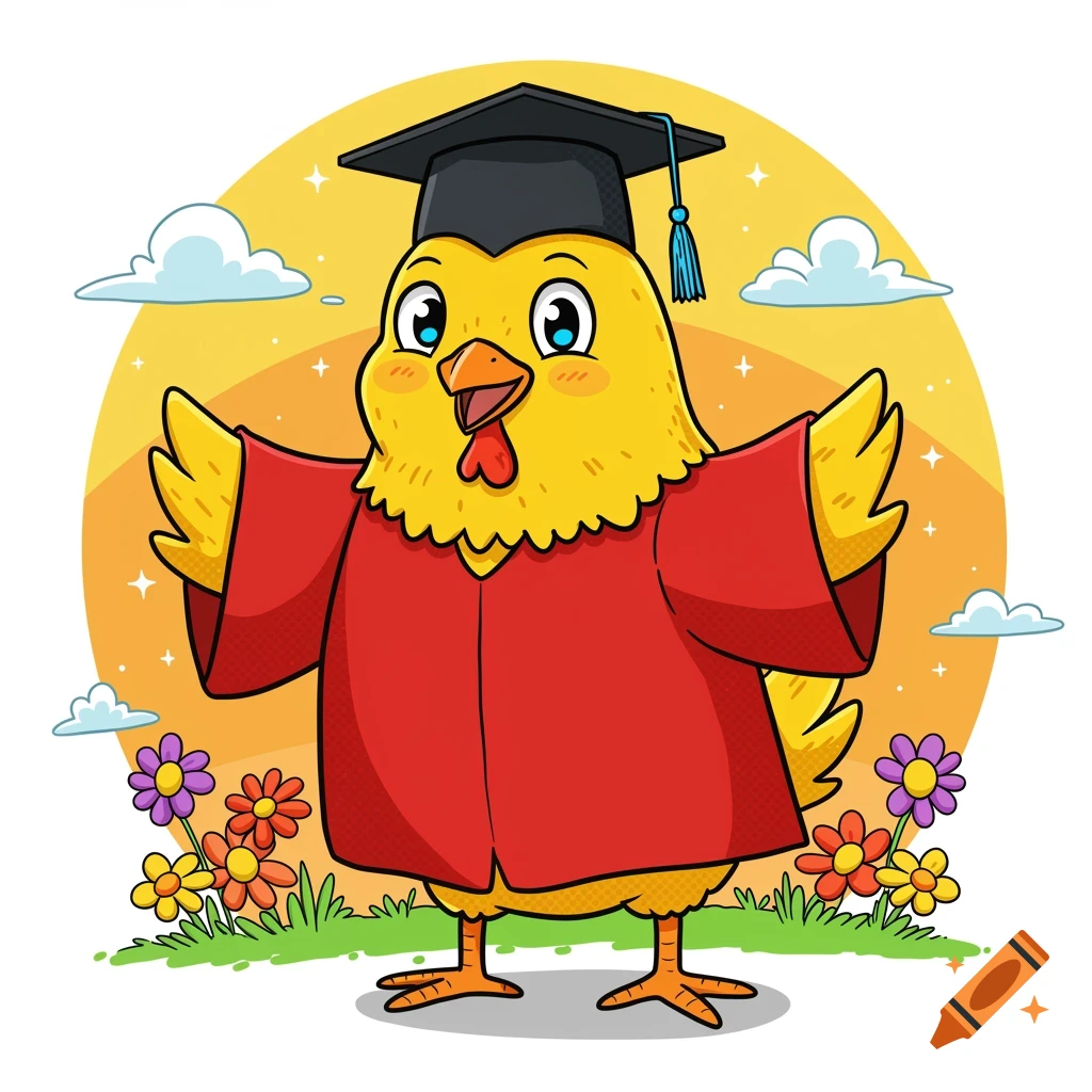 Cartoon chicken in a graduation cap and gown stands in a field of flowers.