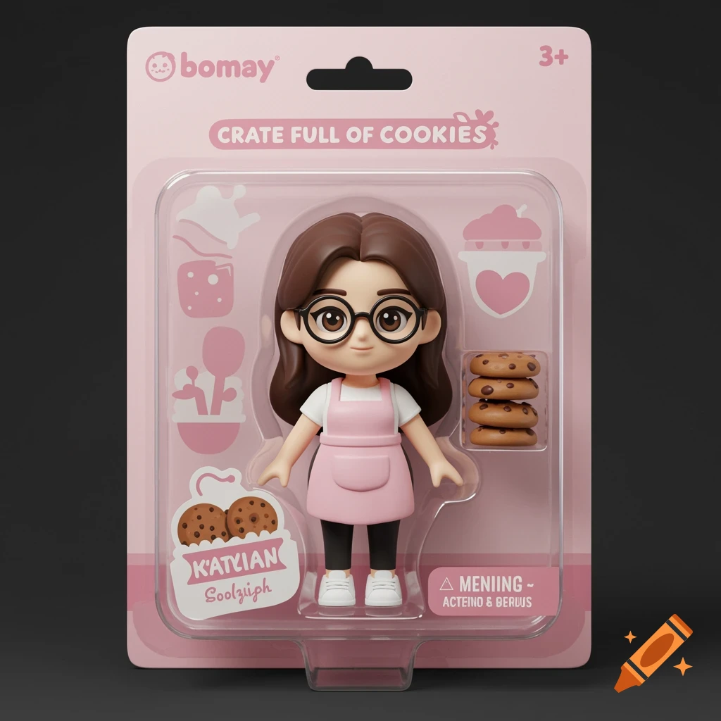 Cute 3D action figure in pink blister packaging with cookies