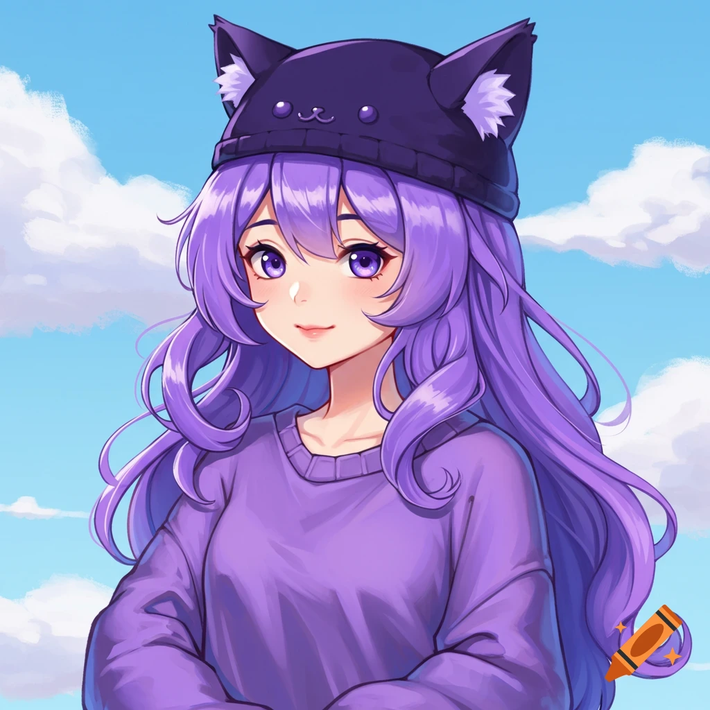 Anime girl with purple hair and cat-ear beanie smiling against a cloudy sky.