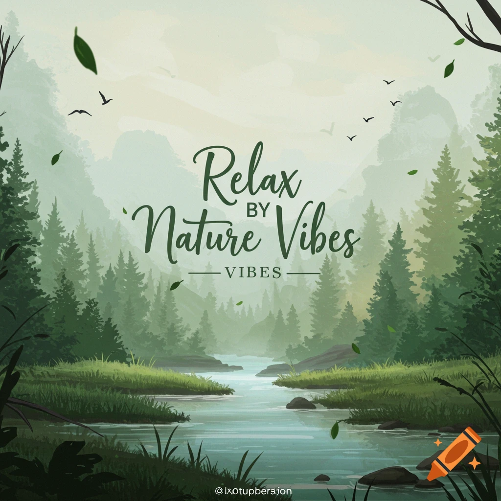 Misty forest landscape with a river and the text "Relax By Nature Vibes VIBES" overlay.