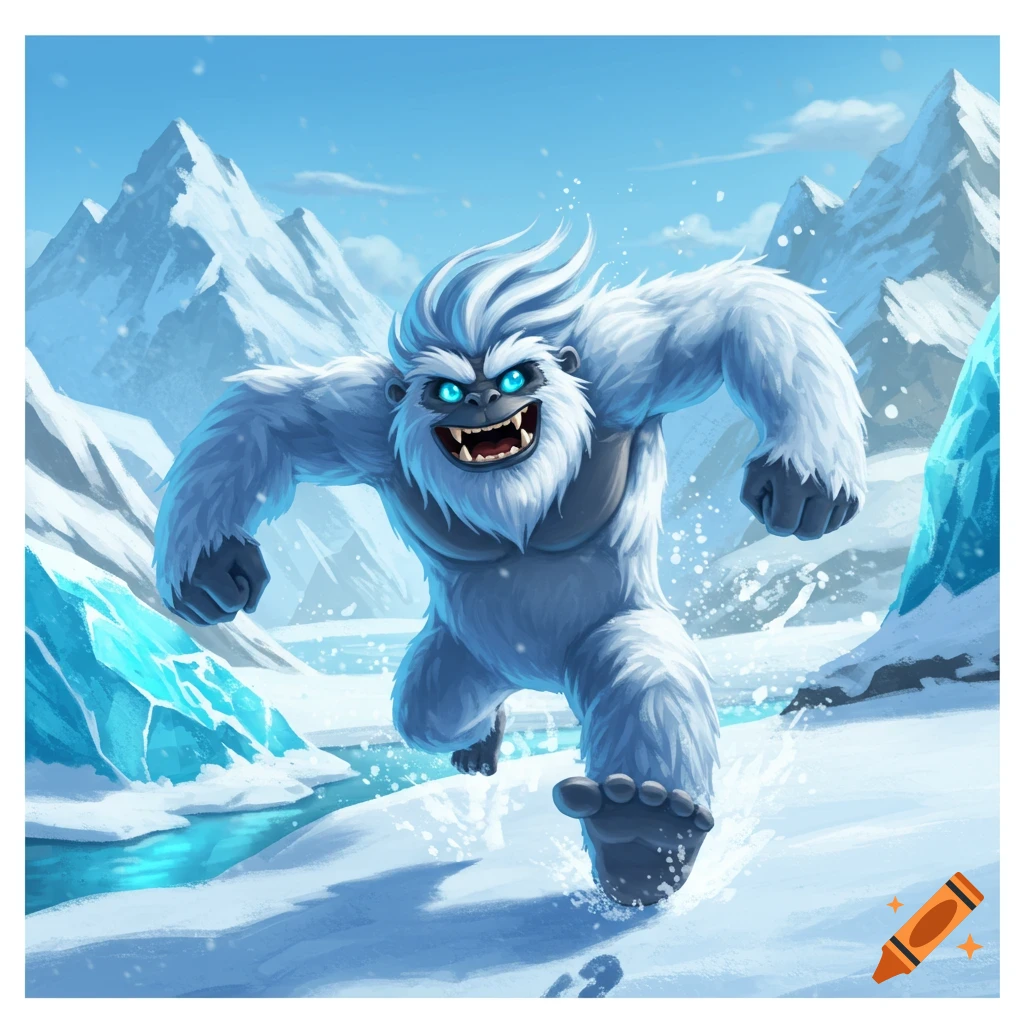 A cartoon yeti runs through snowy mountains.
