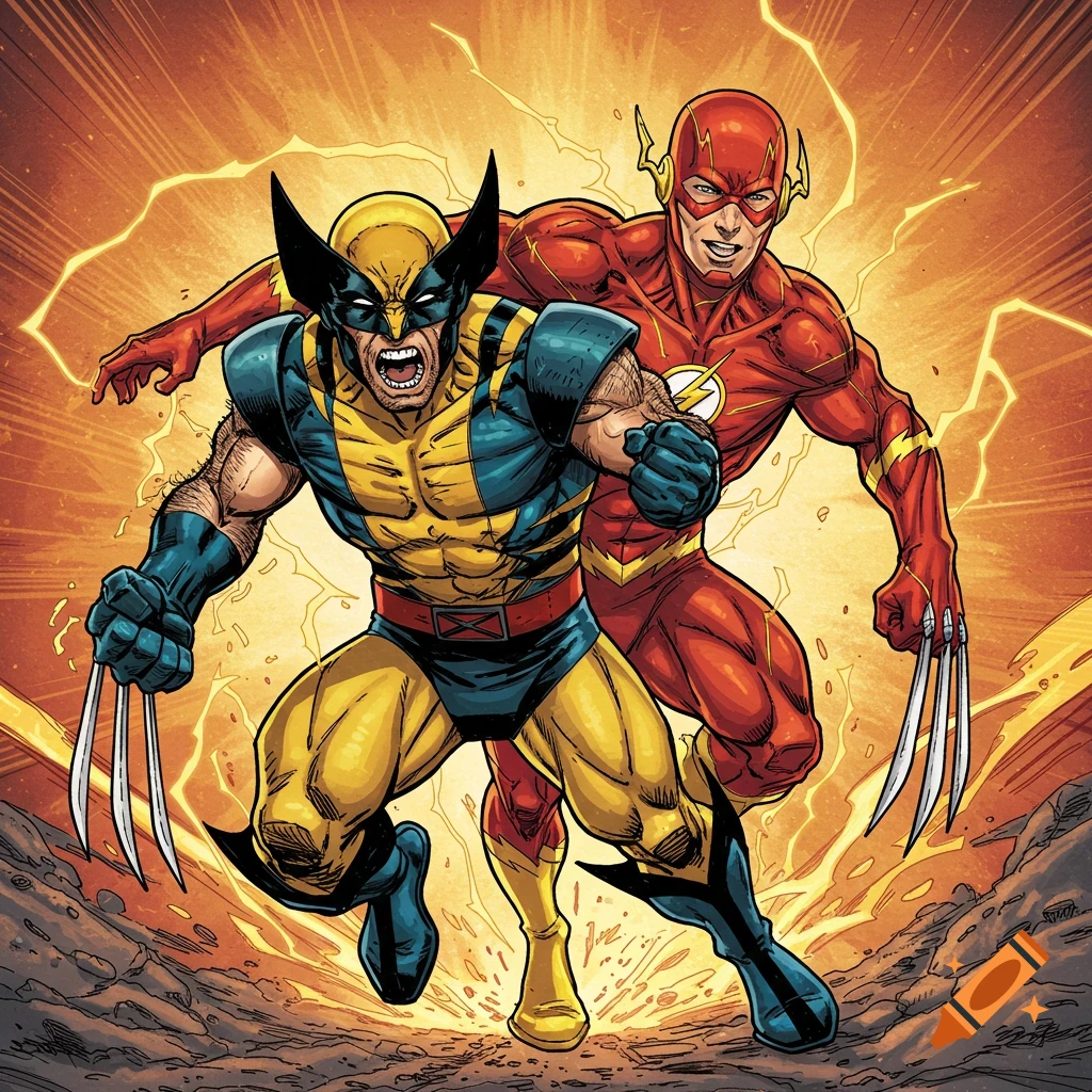 Wolverine and The Flash stand ready in a dynamic comic book style illustration with lightning.