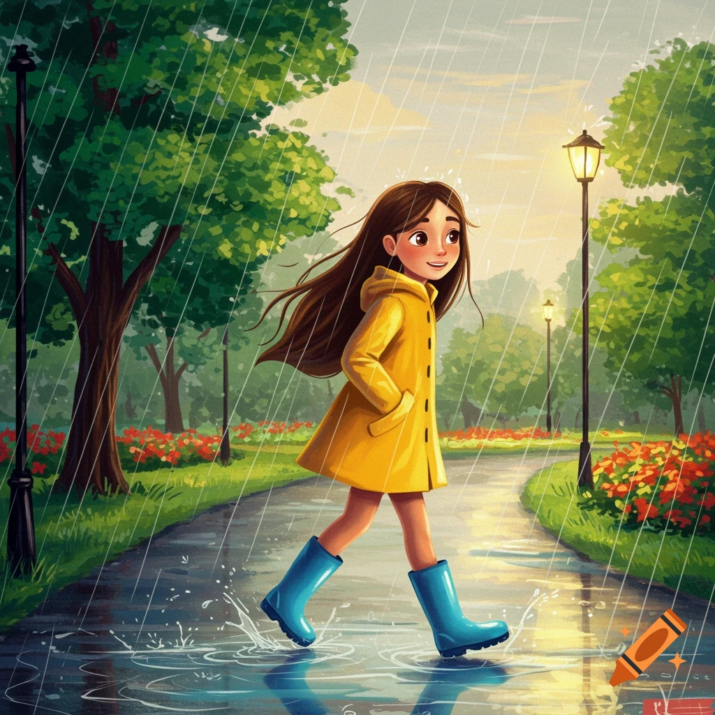 A young girl in a yellow raincoat and blue boots walks through a park in the rain, splashing in puddles.