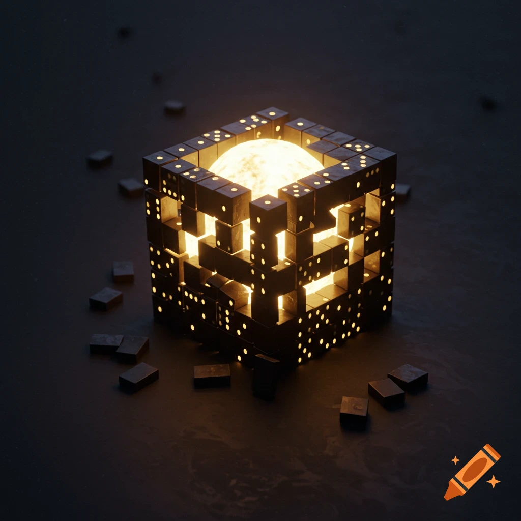 A glowing sphere contained within a cube structure made of dominoes, with loose dominoes scattered around on a dark surface.