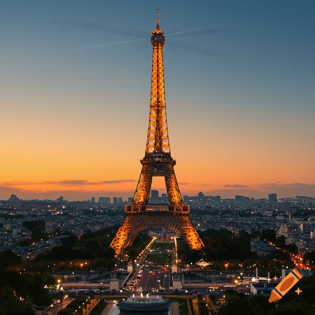 Eiffel Tower illuminated at sunset over Paris city skyline.