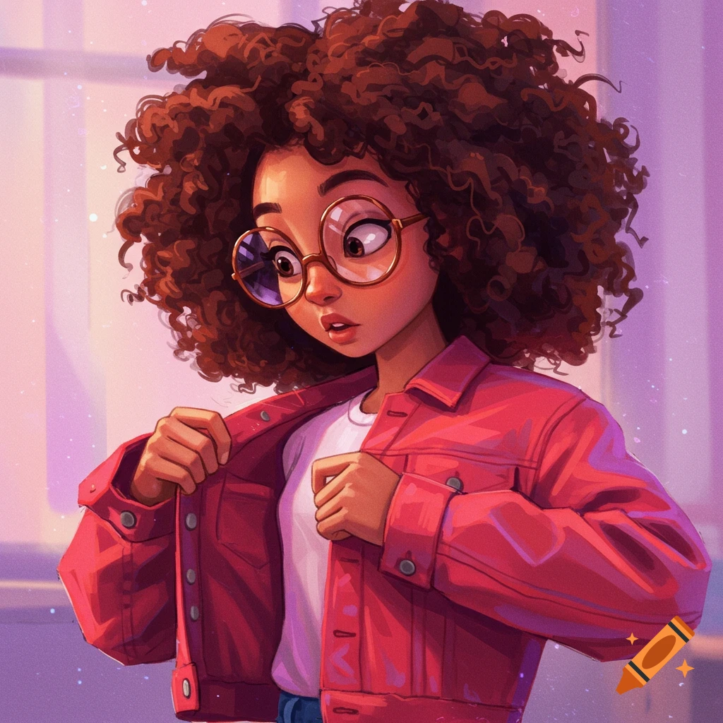 A girl with curly hair and glasses putting on a red jacket