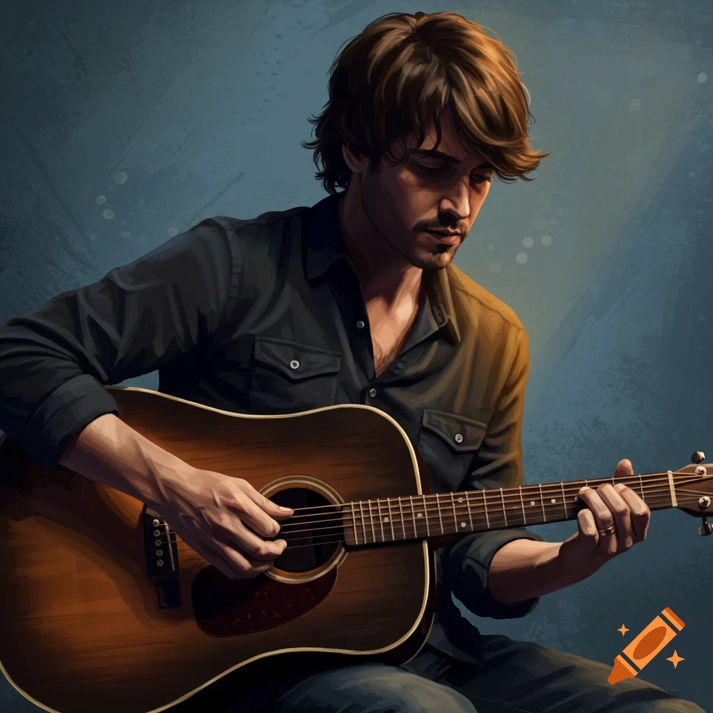 A man seated, playing an acoustic guitar.