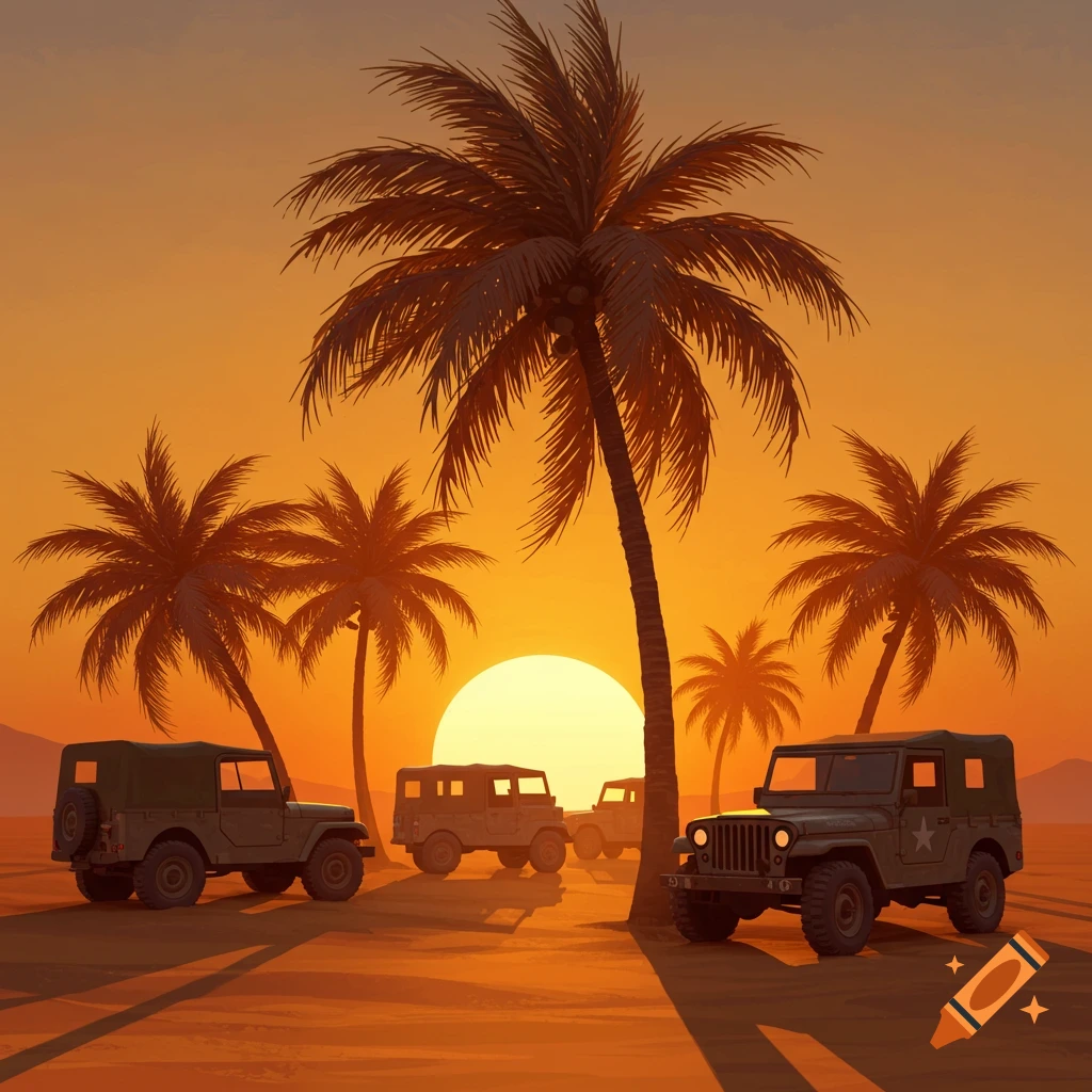 Military jeeps under palm trees at sunset.