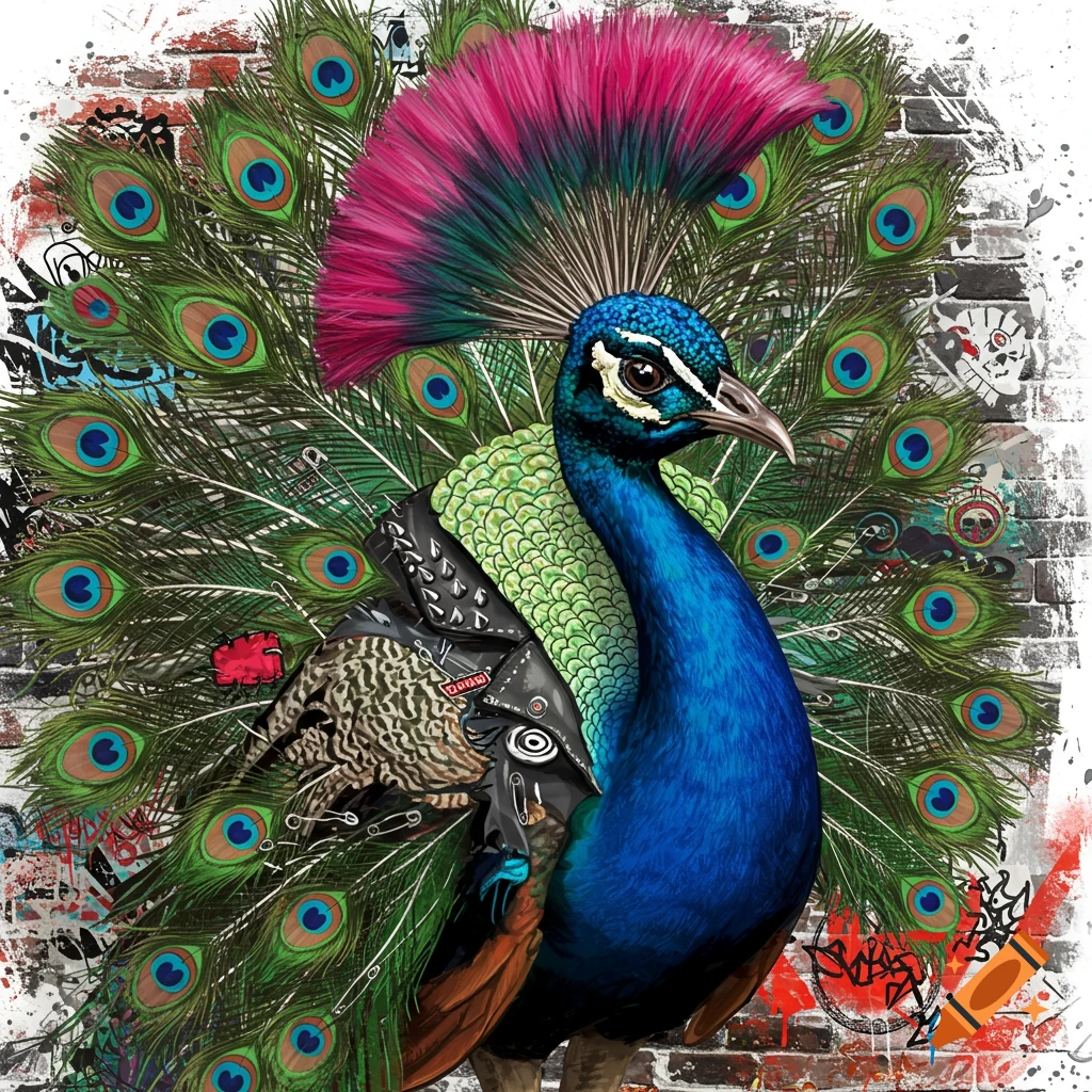 A peacock dressed in punk rock clothes against a graffiti brick wall.