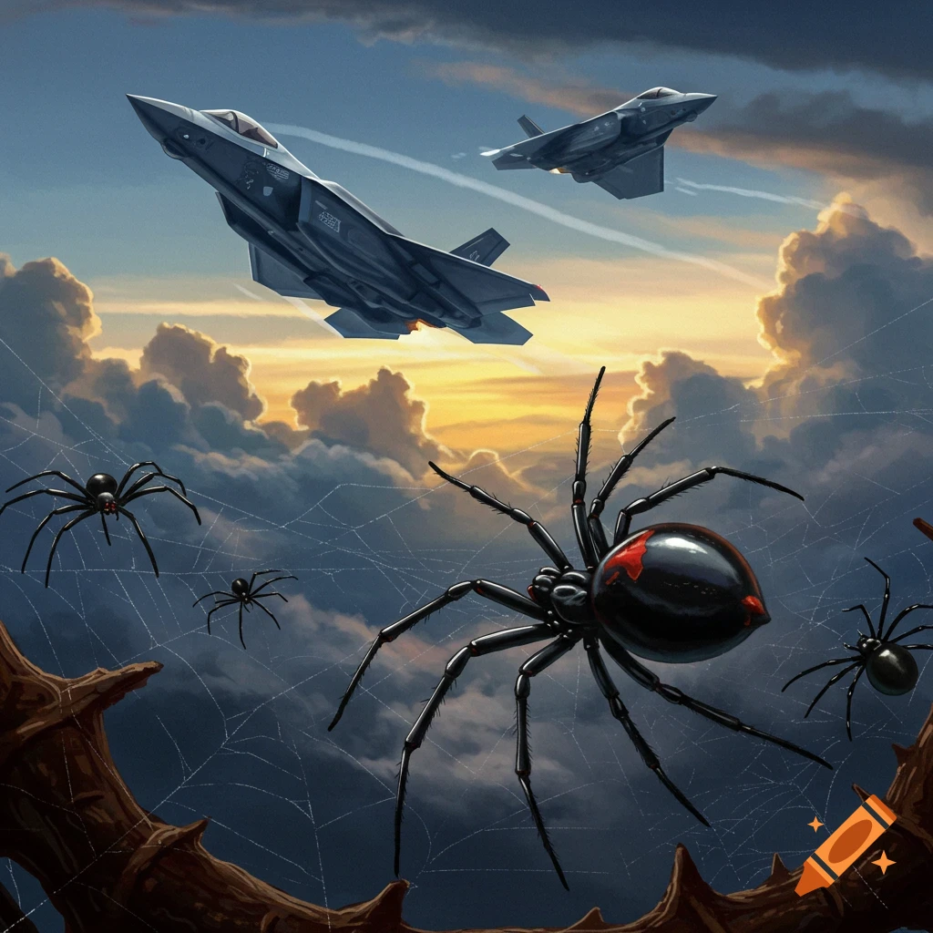Black widow spiders on webs with two F-35 jets flying overhead in a dramatic sky.
