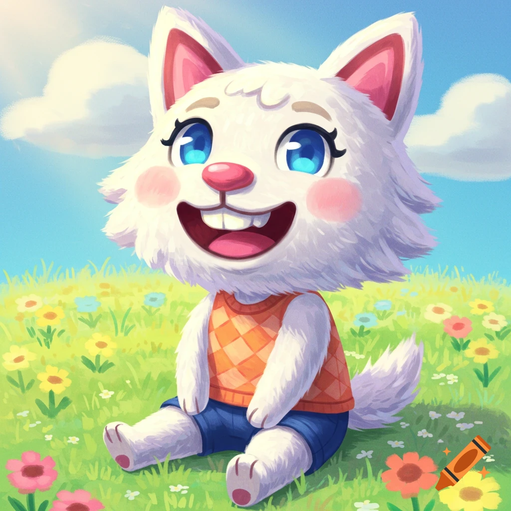A cartoon anthropomorphic wolf character sitting in a field of flowers, smiling broadly.