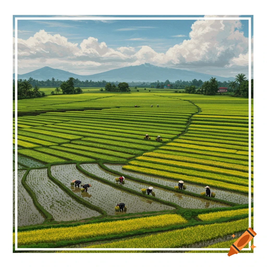 Terraced green and yellow rice fields with farmers working, mountains in the background, and a white border.