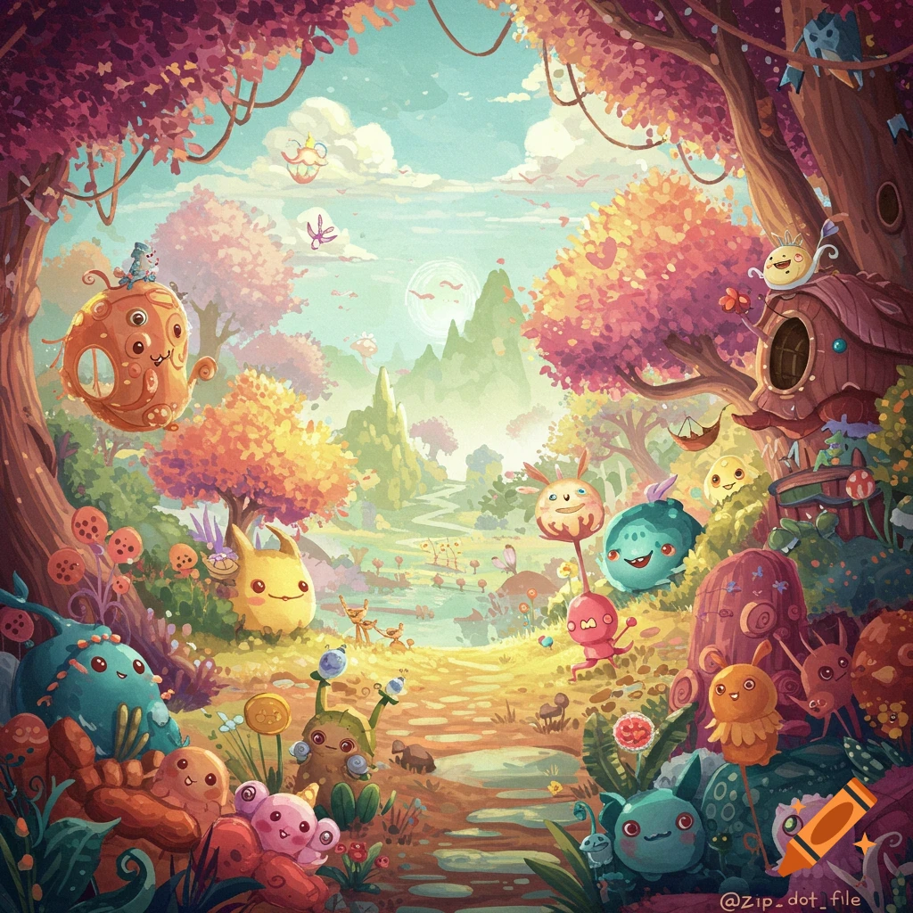 Colorful whimsical fantasy forest landscape filled with various cute, cartoony creatures and a path.