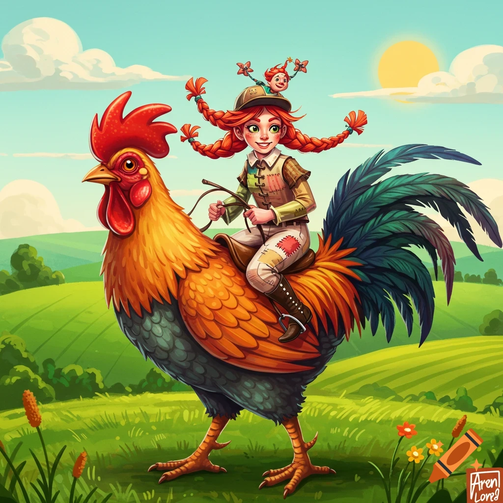 A girl rides a giant chicken through a green field.