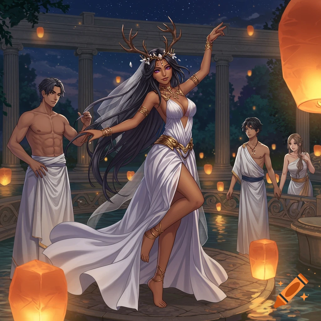 Anime style fantasy image of a goddess with antlers dancing in a Roman garden with attendants and floating lanterns.