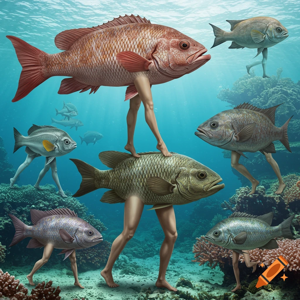 Several realistic-looking fish with human legs walk on the ocean floor among coral.