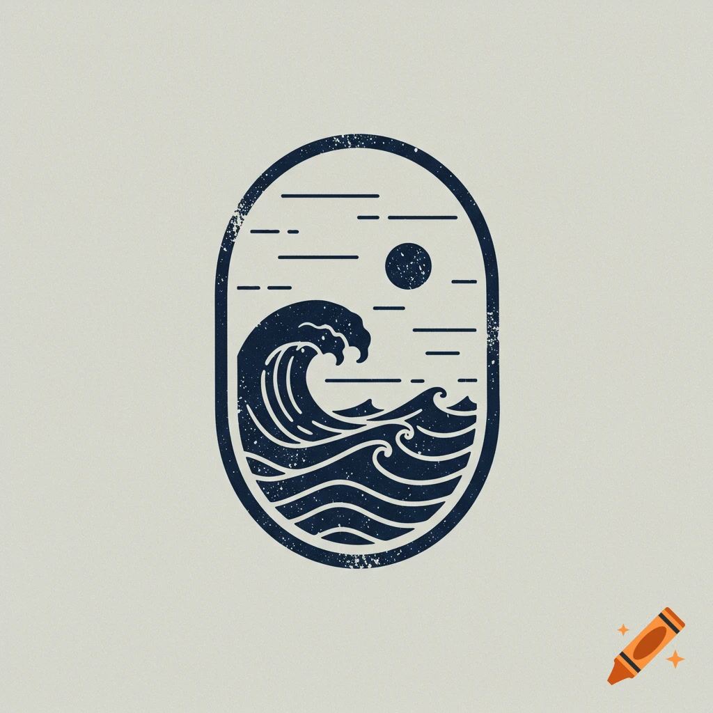 Stylized illustration of a large ocean wave and sun inside a vertical oval frame, with a distressed texture.