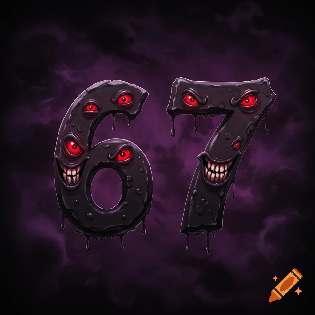 Monstrous numbers 6 and 7 with multiple red eyes, teeth, and dripping black goo on a dark purple background.