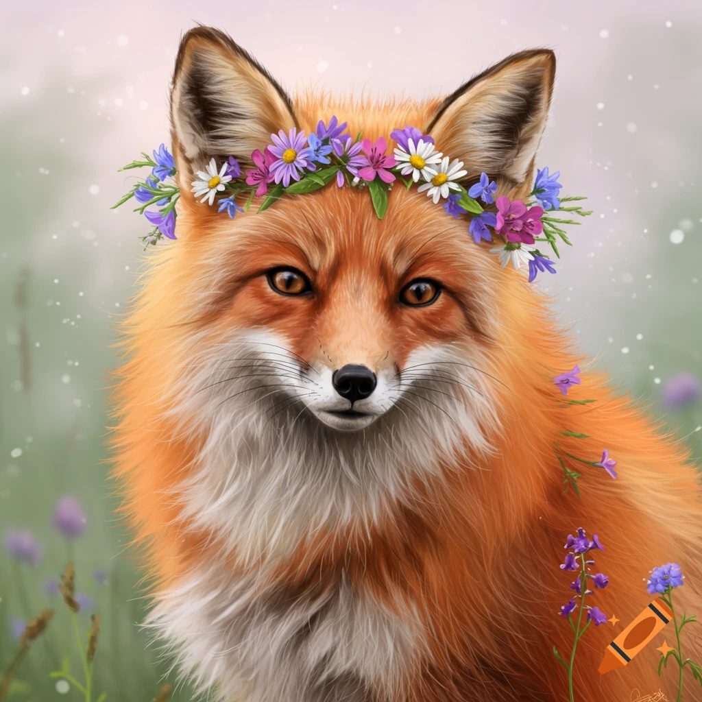 A fox wearing a flower crown in a field.