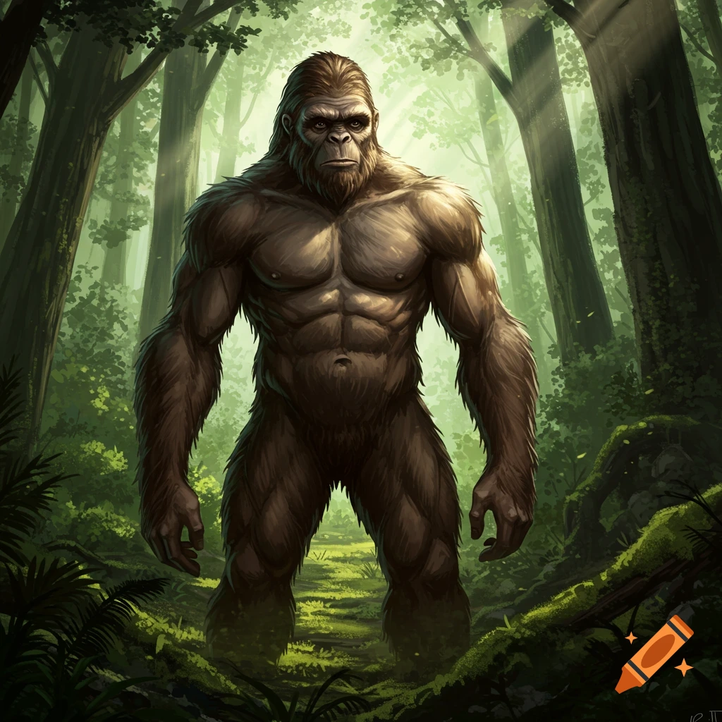 A muscular sasquatch stands in a misty forest path.