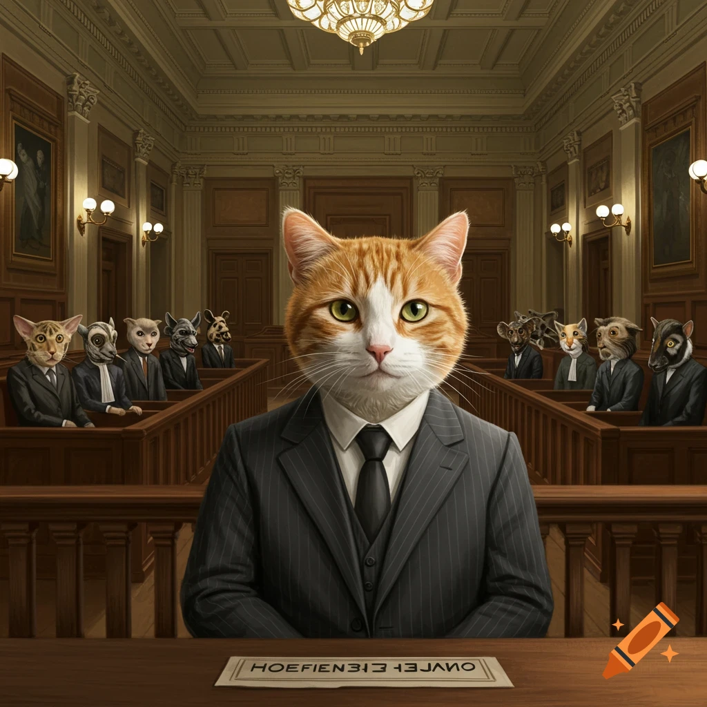 An orange tabby cat in a suit at a desk in a courtroom with other animals in the background.