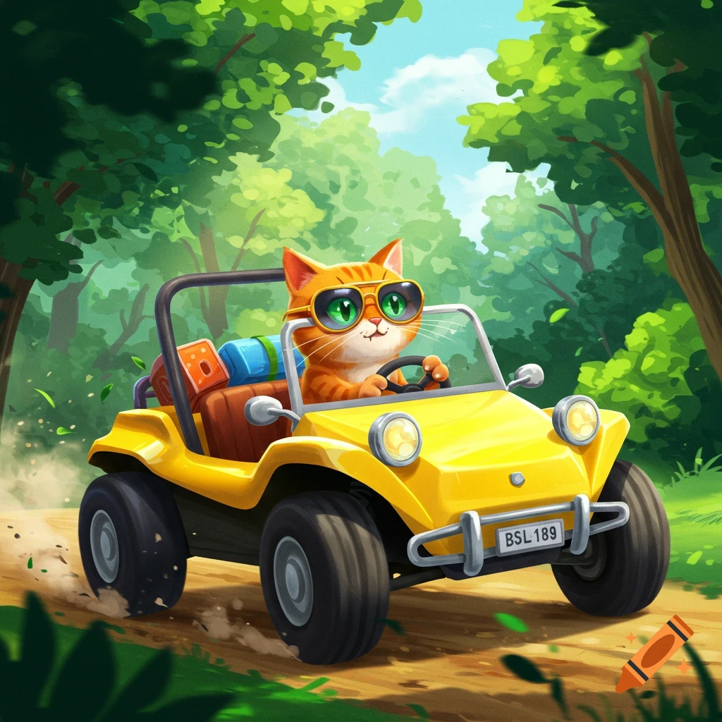 A cartoon orange cat with sunglasses drives a yellow dune buggy on a forest path.
