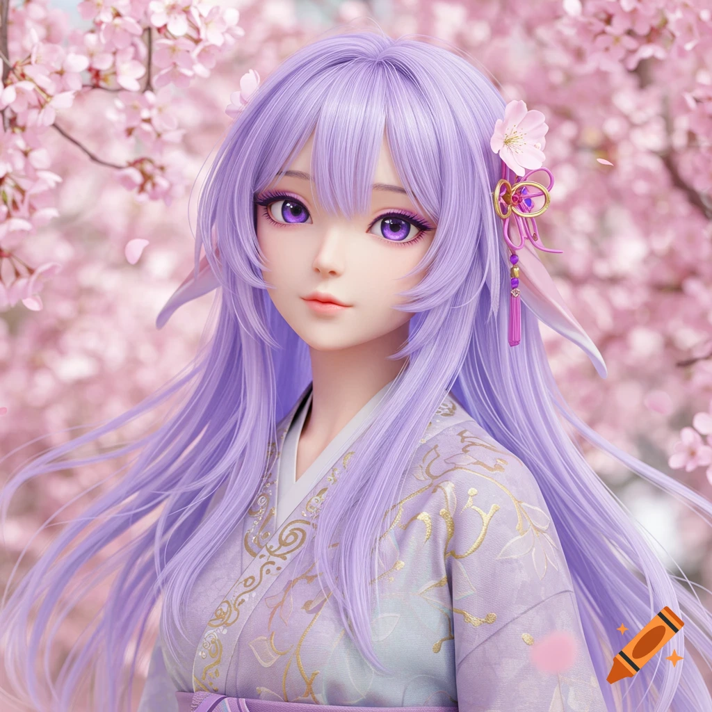 Anime girl with purple hair and eyes in kimono by cherry blossoms