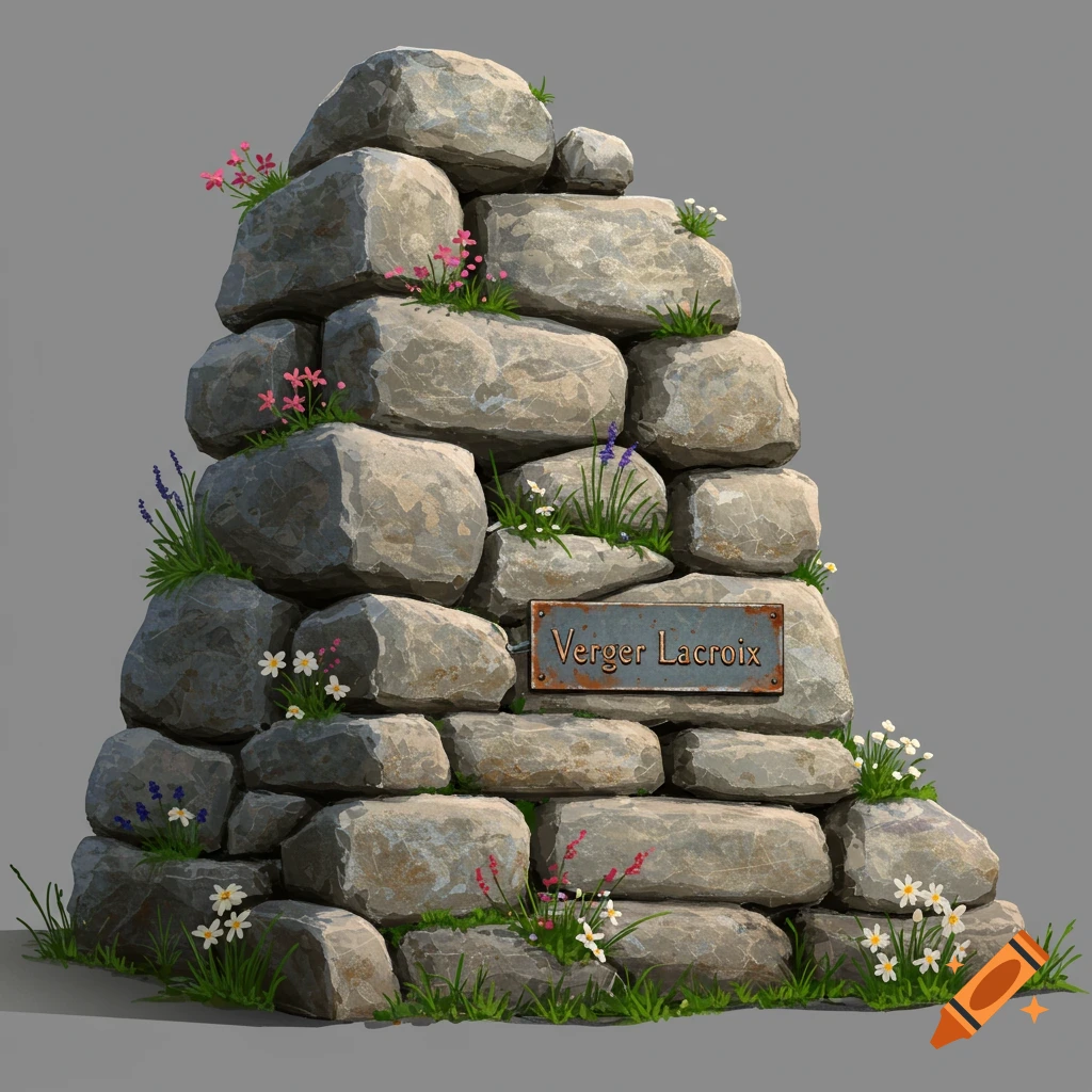 A pile of rocks with flowers and a sign reading 'Verger Lacroix'