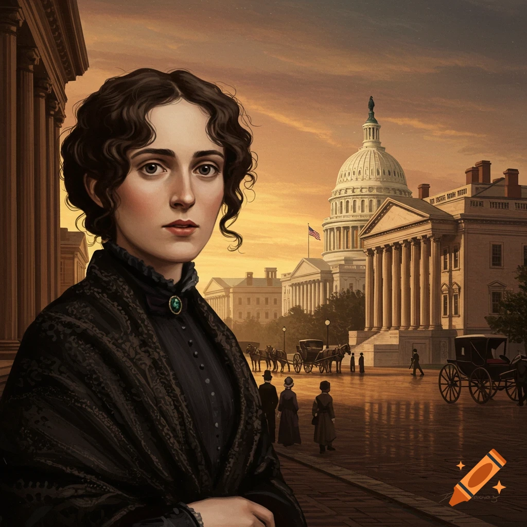A woman in historical clothing standing before the US Capitol with horse-drawn carriages.