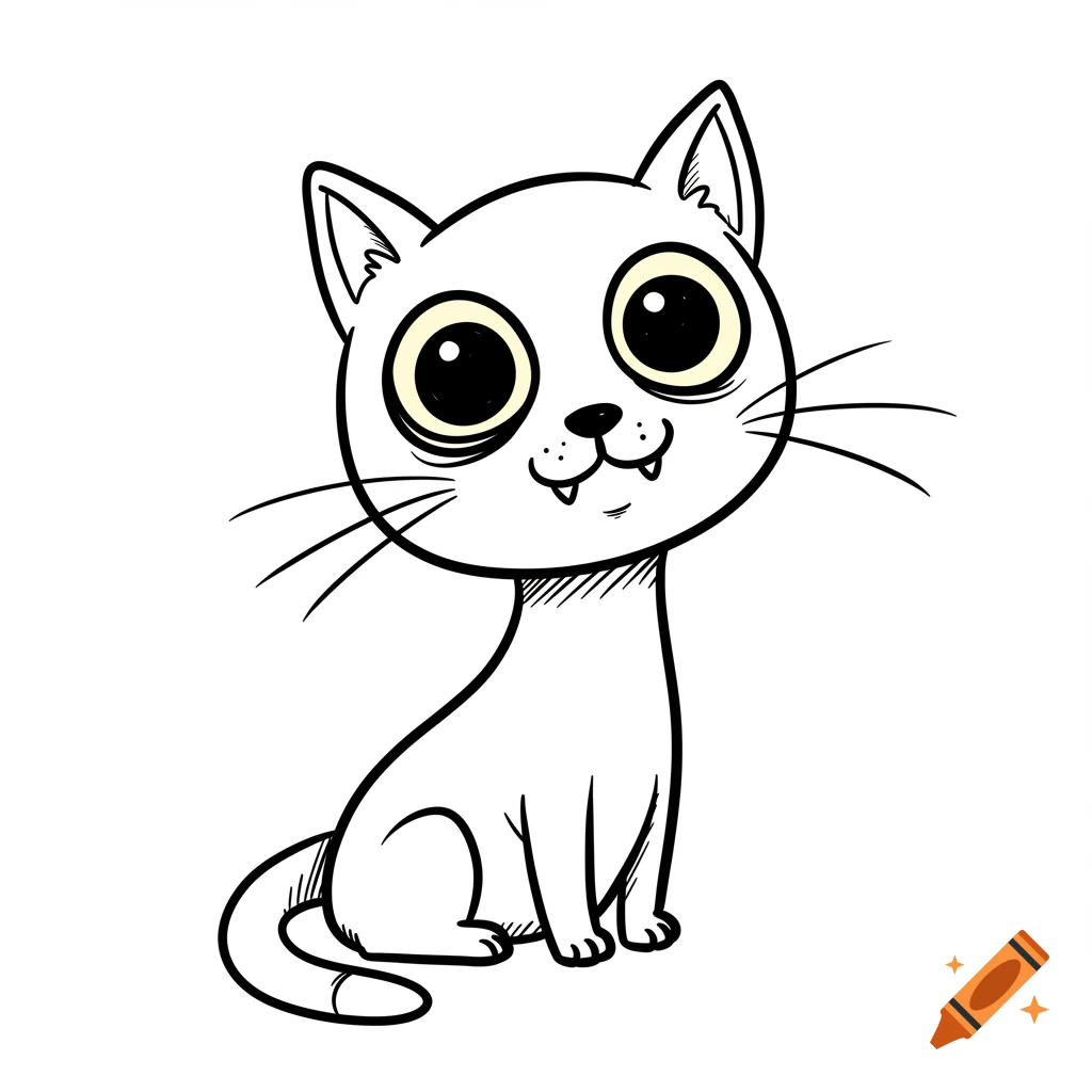 Simple cartoon drawing of a goofy white cat with large eyes.
