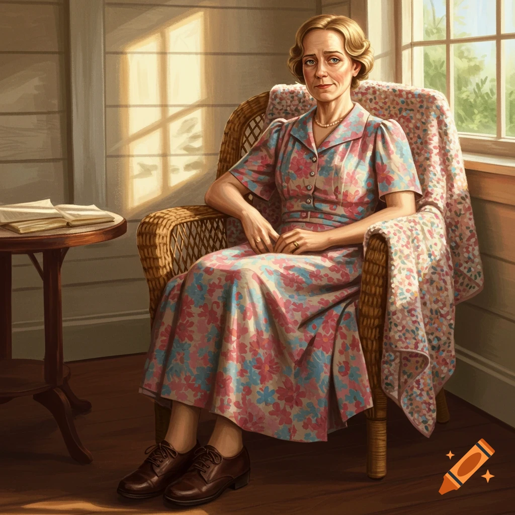 An older woman sits in a wicker chair by a window, wearing a floral dress.