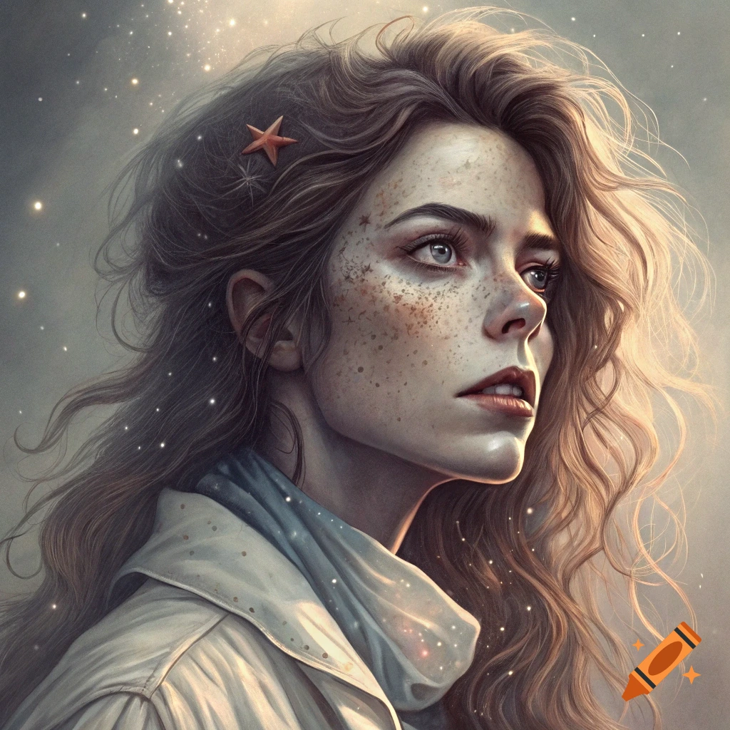 Portrait of a woman with long wavy hair, freckles, and sparkling lights, fantasy art style.
