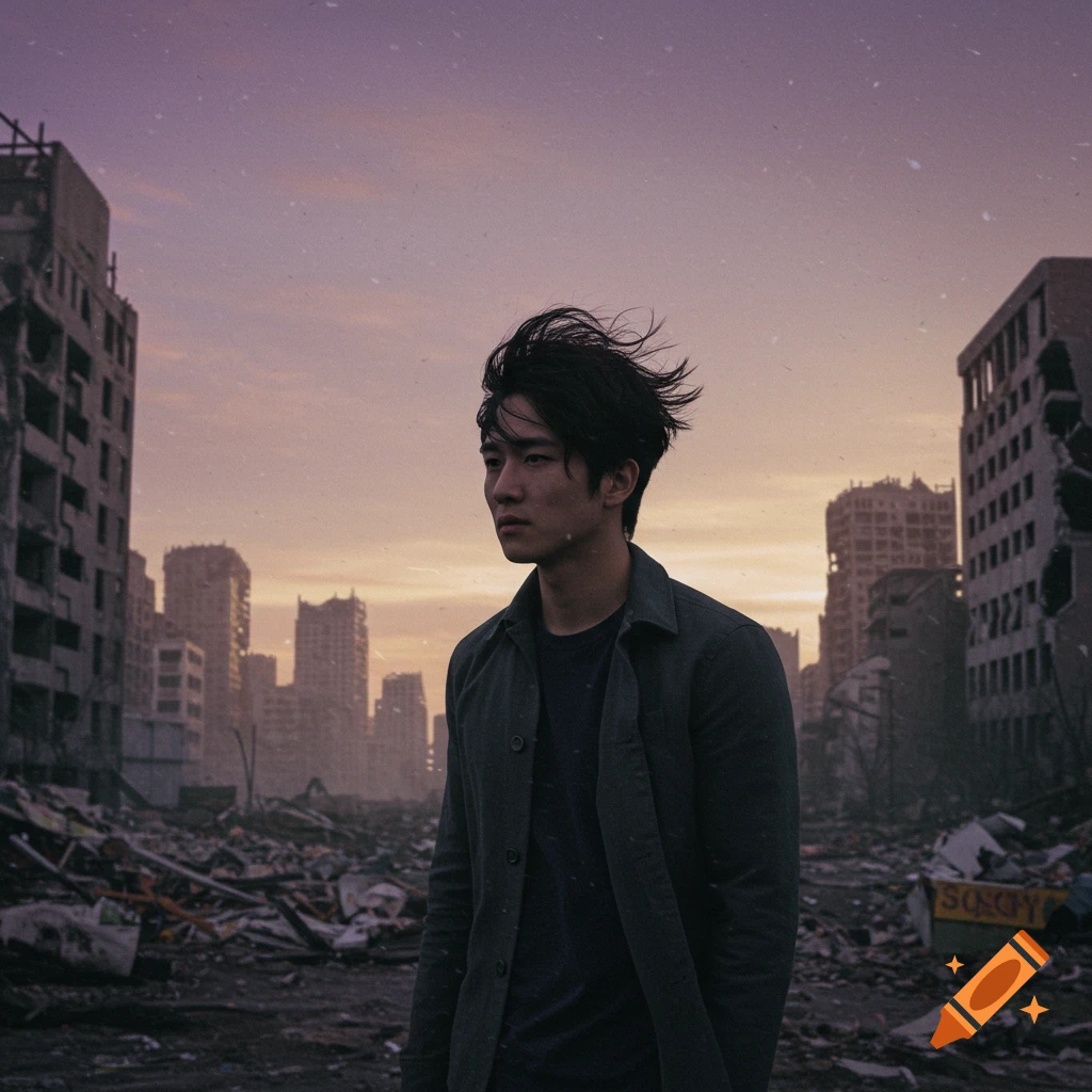 Young man stands in ruins of a destroyed city at sunset