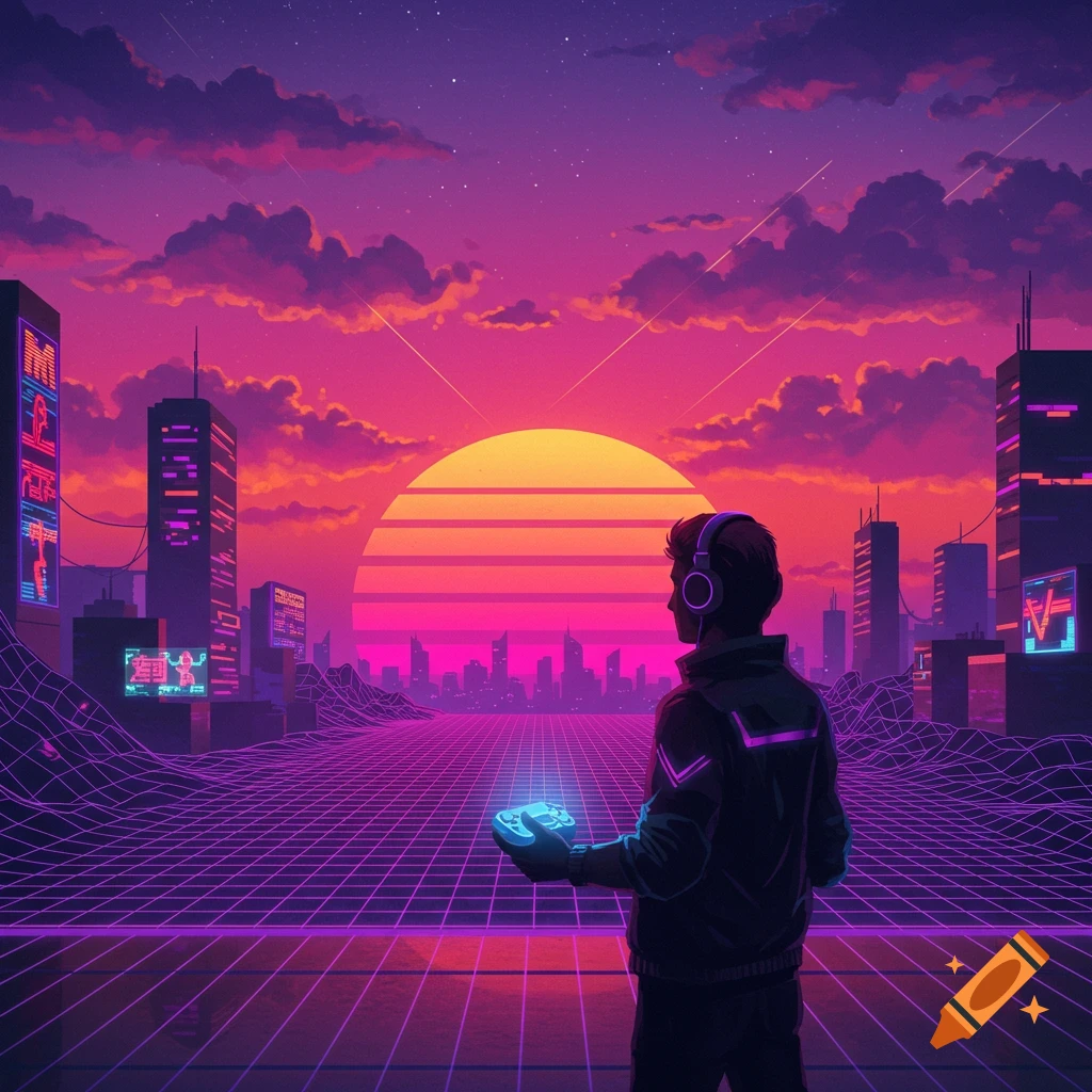 Synthwave image of a person holding a controller before a futuristic city, sunset, and grid.