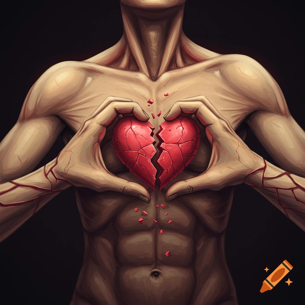 A person holding a broken red heart against their chest.