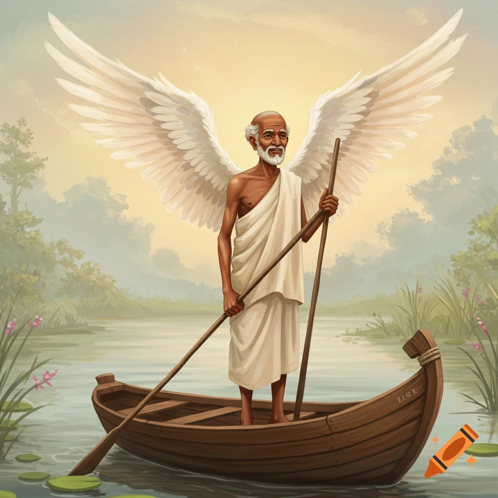 An old man with white wings stands in a boat on a river, holding poles.