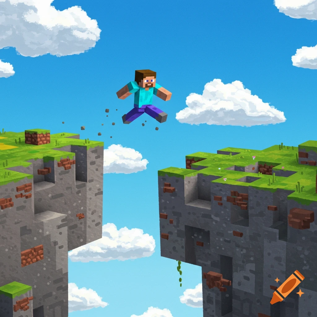 Minecraft character jumping between cliffs