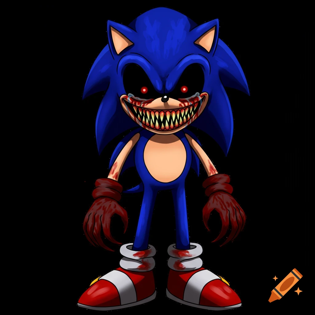 A creepy, monstrous version of Sonic the Hedgehog with red eyes crying blood, sharp teeth, and bloody hands stands against a black background.