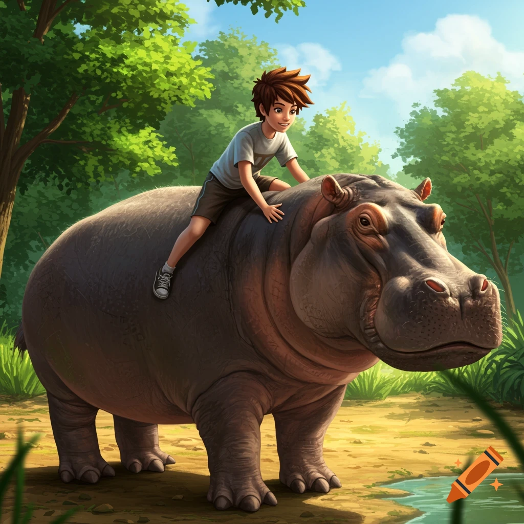 A boy is riding a large hippo in a lush forest.
