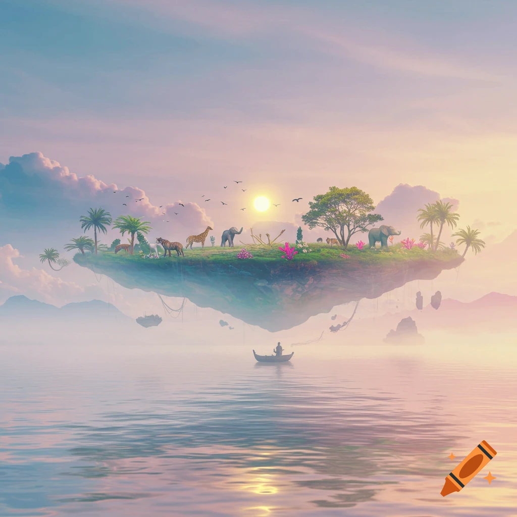 A fantasy floating island paradise with animals, trees, and a boat on the water at sunset.