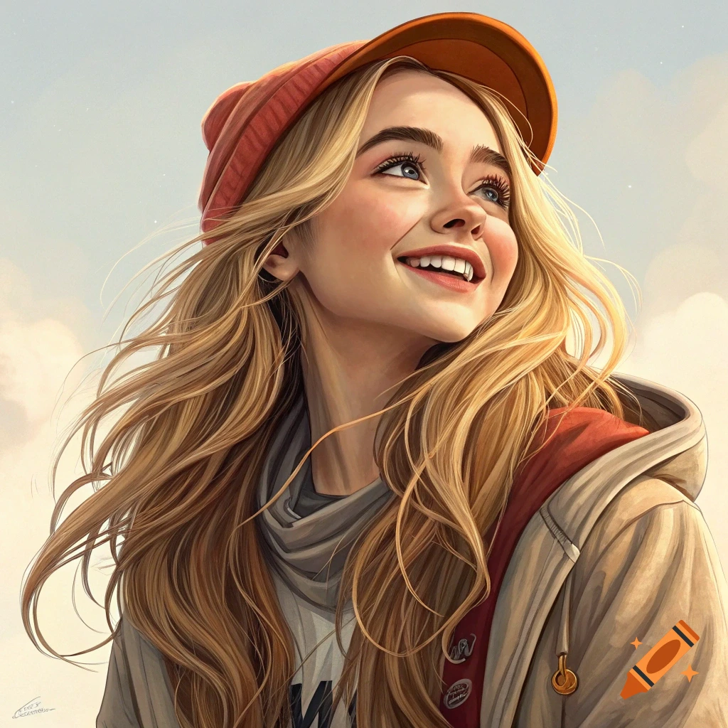 Illustration of a young woman with blonde hair wearing a cap and jacket, smiling.