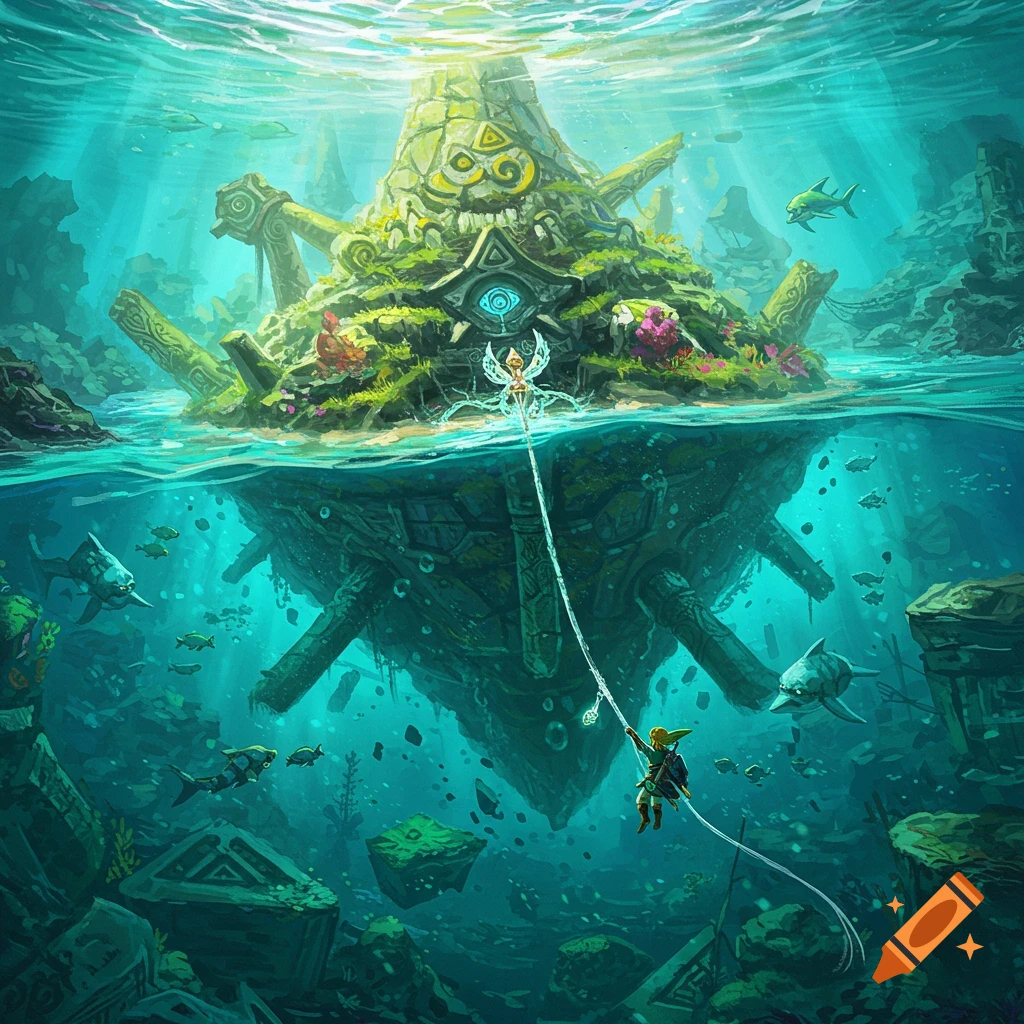 Link pulling a vast, decayed island structure up from underwater depths using shining ropes.