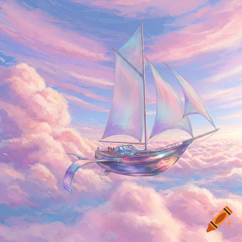 A fantastical boat with iridescent sails flies through pastel clouds in a bright sky.