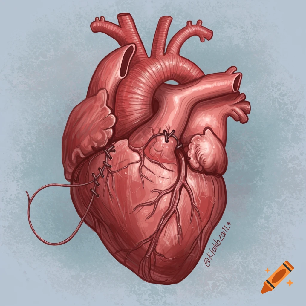 A human heart with stitches.