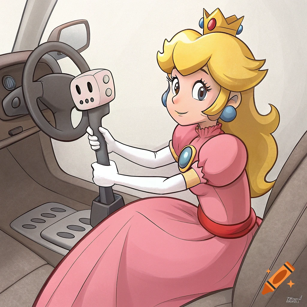 Cartoon of Princess Peach driving a car.