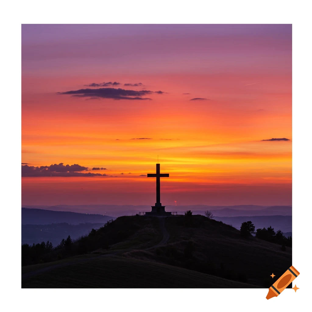 A cross silhouetted against a vibrant orange and purple sunset on a grassy hill overlooking a valley.