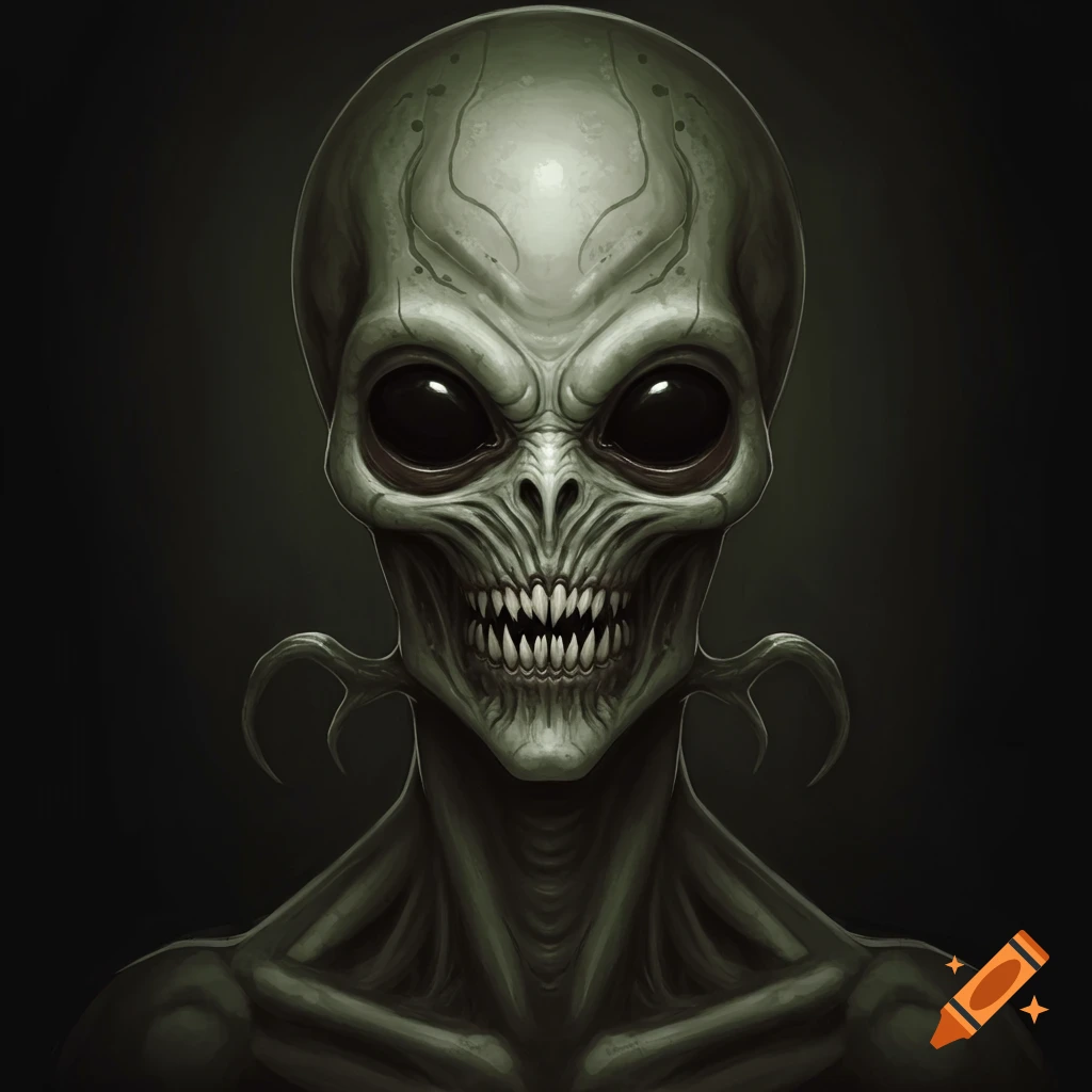A close-up of a creepy alien face with large dark eyes and sharp teeth.
