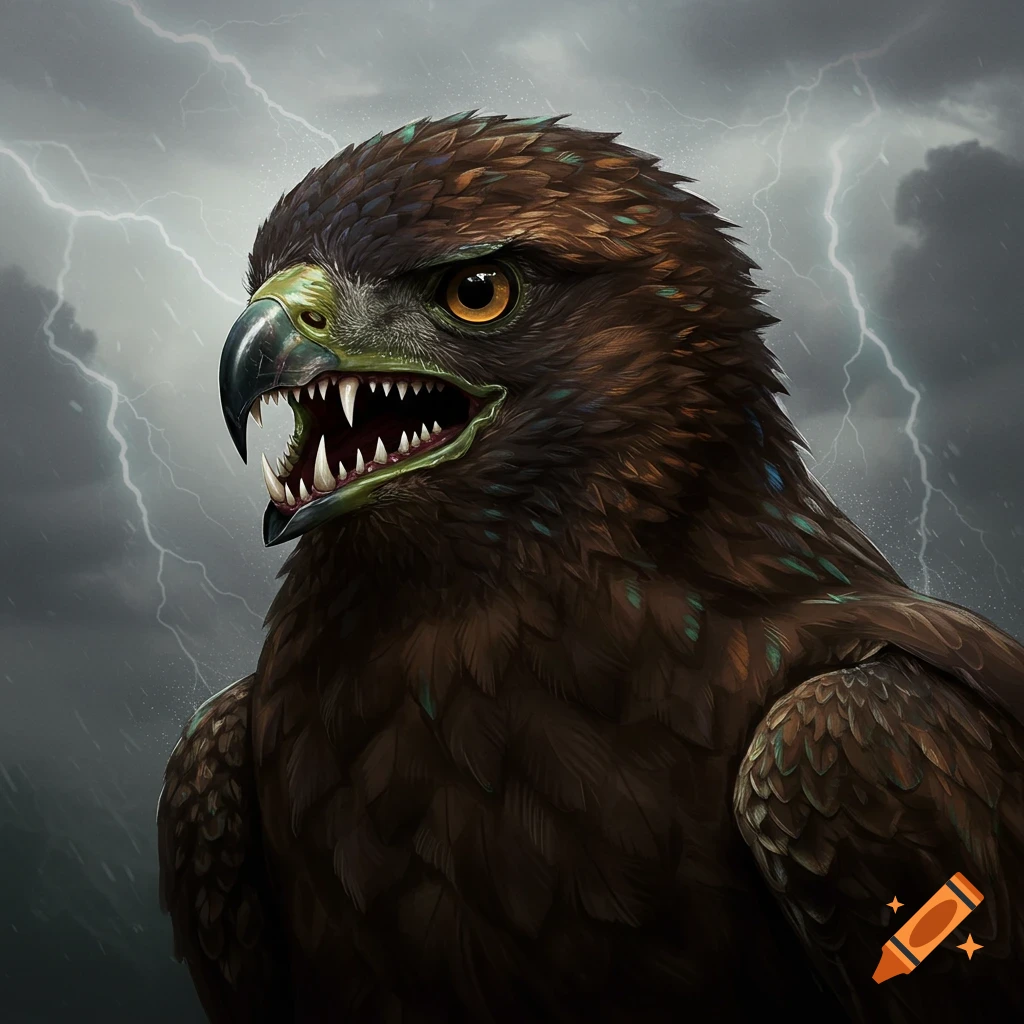 A fearsome bird-like creature with teeth, set against a stormy sky with lightning.